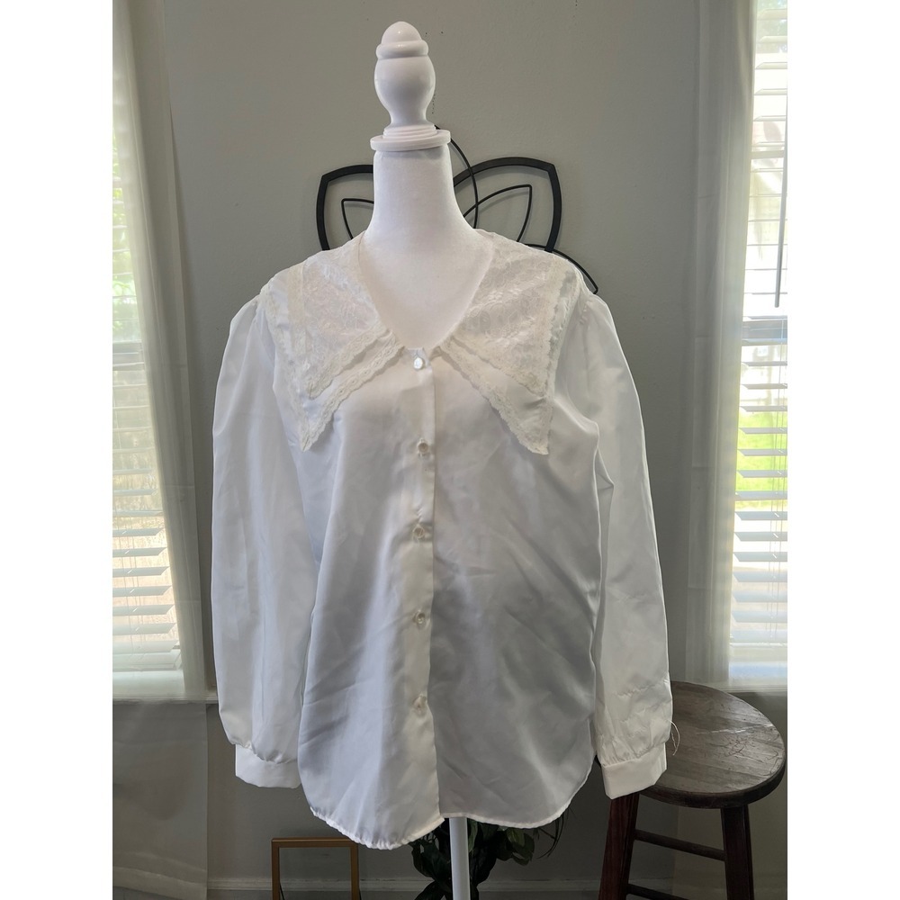 Vintage 80s 90s White Lace Collar Blouse Puff Sleeve Cottagecore Size 10